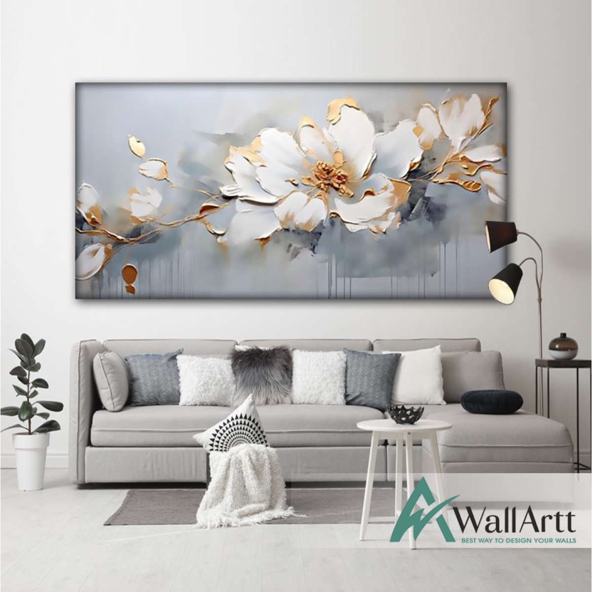 Golden White Flower Branch Heavy Textured Partial Oil Painting
